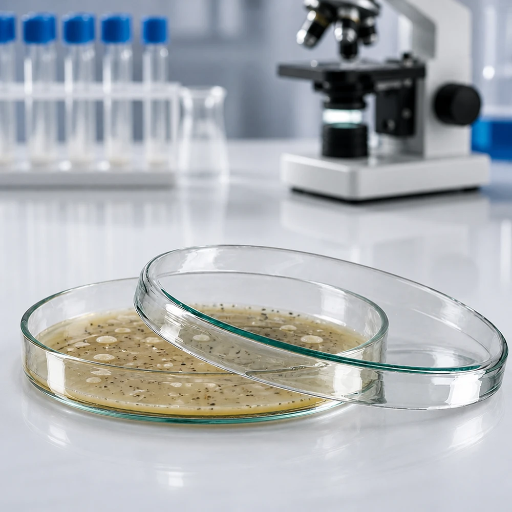 Dwie ułożone jedna na drugiej szklane szalki Petriego z hodowlą bakterii na białym stole laboratoryjnym