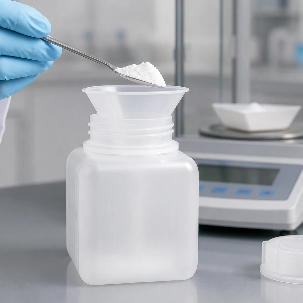 Butelka na chemikalia 500 ml, szeroka szyjka z PE-HD, kolor naturalny Butelka na chemikalia o szerokiej szyjce, 500 ml, z polietylenu HD w kolorze naturalnym, z lejkiem do napełniania proszkiem