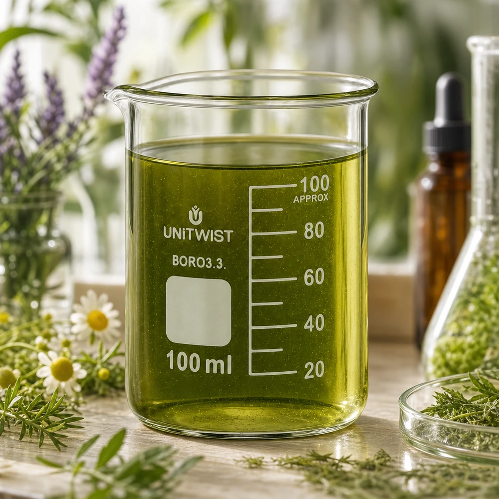 Zlewka 100 ml borokrzemianowa, niski kształt UNiTWIST Szklanka UNiTWIST o pojemności 100 ml z zielonym ekstraktem ziołowym, otoczona świeżymi ziołami leczniczymi