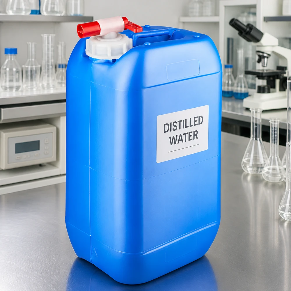 Kanister z wodą destylowaną o pojemności 15 litrów, niebieski, z kranikiem, do zastosowań laboratoryjnych
