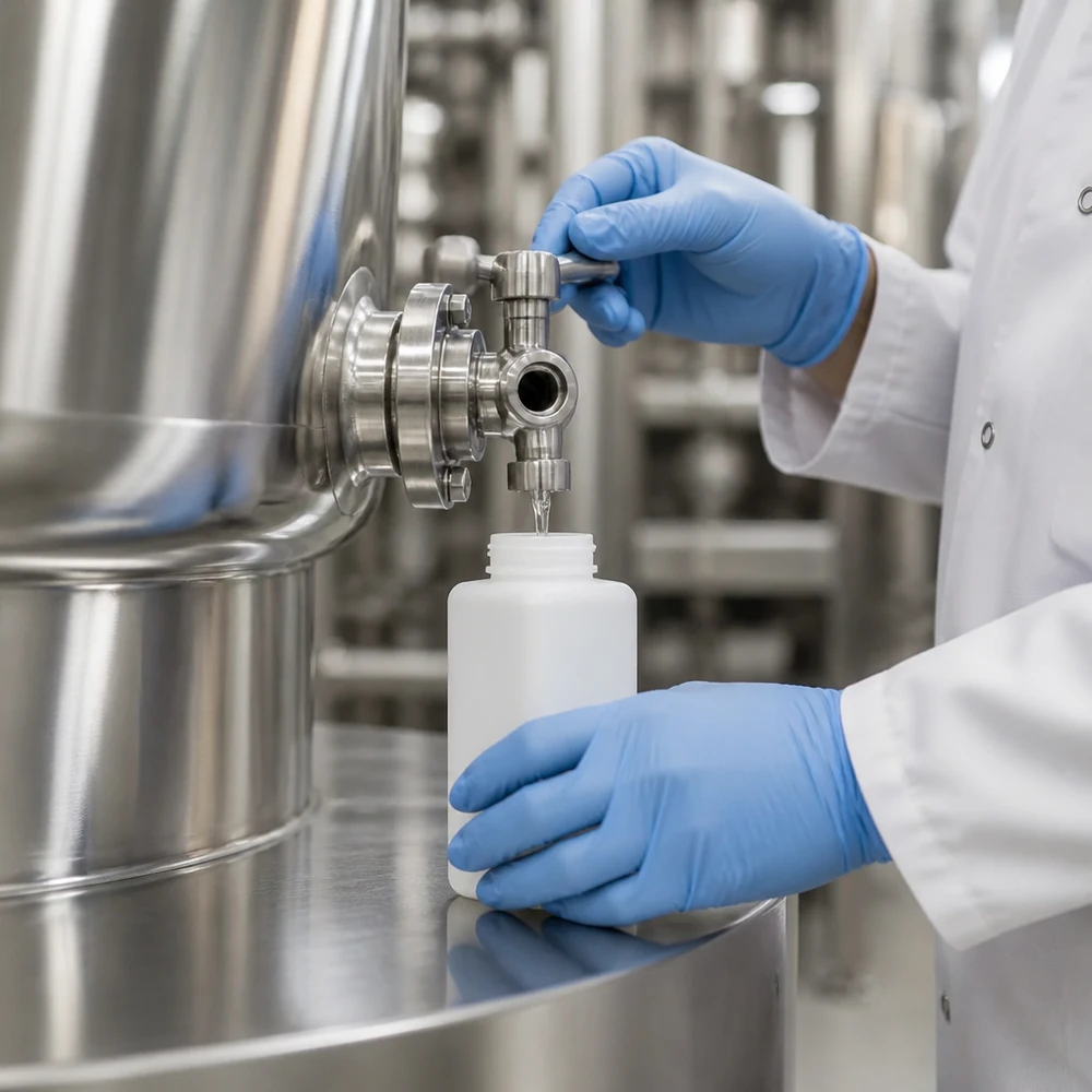Laborant pobiera próbkę ze zbiornika ze stali nierdzewnej do butelki na chemikalia z PE-HD o pojemności 1500 ml, z szeroką szyjką, w kolorze naturalnym