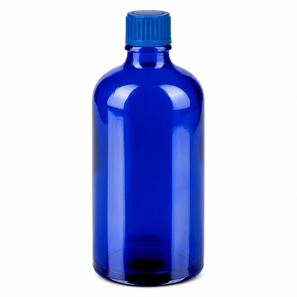 Butelka 100 ml 11 mm SV niebieski STD BlueLine UT18/100 Niebieska szklana butelka 100 ml z zakrętką do kosmetyków i farmaceutyków