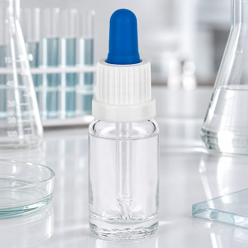10 ml butelka z pipetą ze szkła przezroczystego w laboratorium wraz z probówkami, zlewkami i szalkami Petriego