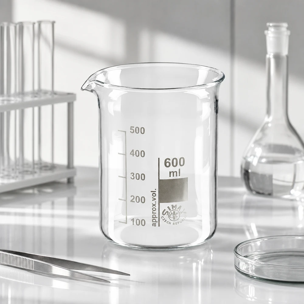 Zlewka 600 ml ze szkła borokrzemowego, niska forma Przezroczysta zlewka o pojemności 600 ml wykonana z wysokiej jakości szkła borokrzemowego z precyzyjną podziałką