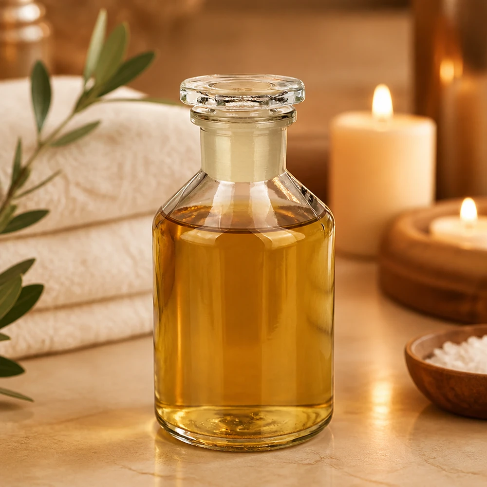 Butelka z wąską szyjką i przezroczystym korkiem o pojemności 50 ml Butelka z prostymi ściankami, 50 ml, przezroczysta, z szklanym korkiem, w ciepłym blasku świec, w atmosferze wellness