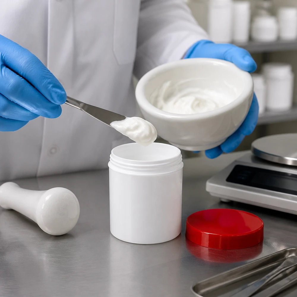 Słoik na maść 500g biały z czerwoną zakrętką (PP) Słoik farmaceutyczny 500 g, biały, z czerwoną zakrętką z PP, do maści i kremów