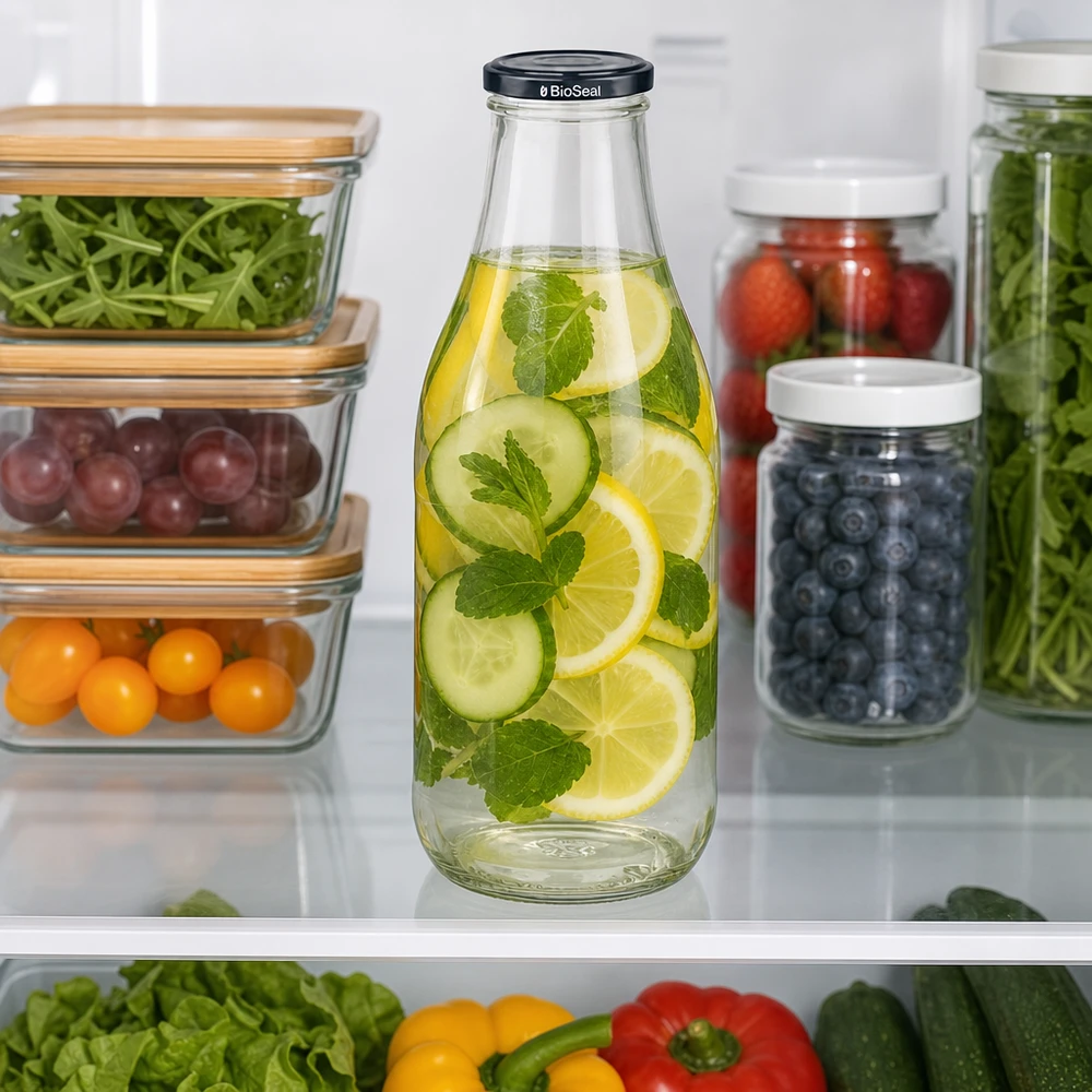 Szklana butelka 1000 ml + pokrywka BioSeal czarna UNiTWIST. Całkowicie szczelna z dużą pokrywką TO48. Do mleka, soków i lemoniady. 1000 ml szklana butelka z wodą ogórkową w lodówce obok pojemników do przygotowywania posiłków jagody warzywa zrównoważone przechowywanie