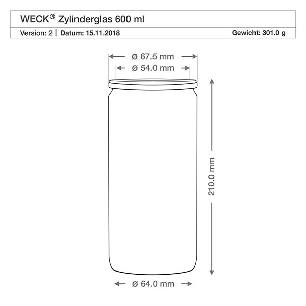 Słoik delikatesowy 700ml ze szklaną pokrywką WECK RR80 Rysunek techniczny słoika WECK cylinder 600ml o wymiarach - średnica 64mm, wysokość 210mm, waga 301g