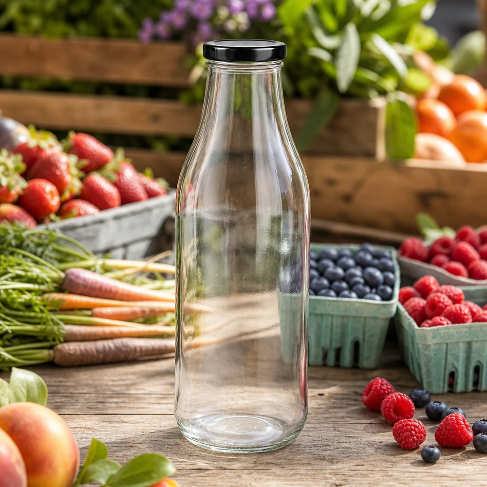 Butelka szklana 1000 ml + pokrywka BasicSeal czarna UNiTWIST. Całkowicie szczelna z dużą pokrywką TO48. Do mleka, soków i lemoniady. Szklana butelka 1000 ml pusta na rustykalnym drewnianym stole otoczonym świeżymi jagodami, owocami i warzywami na świeżym powietrzu