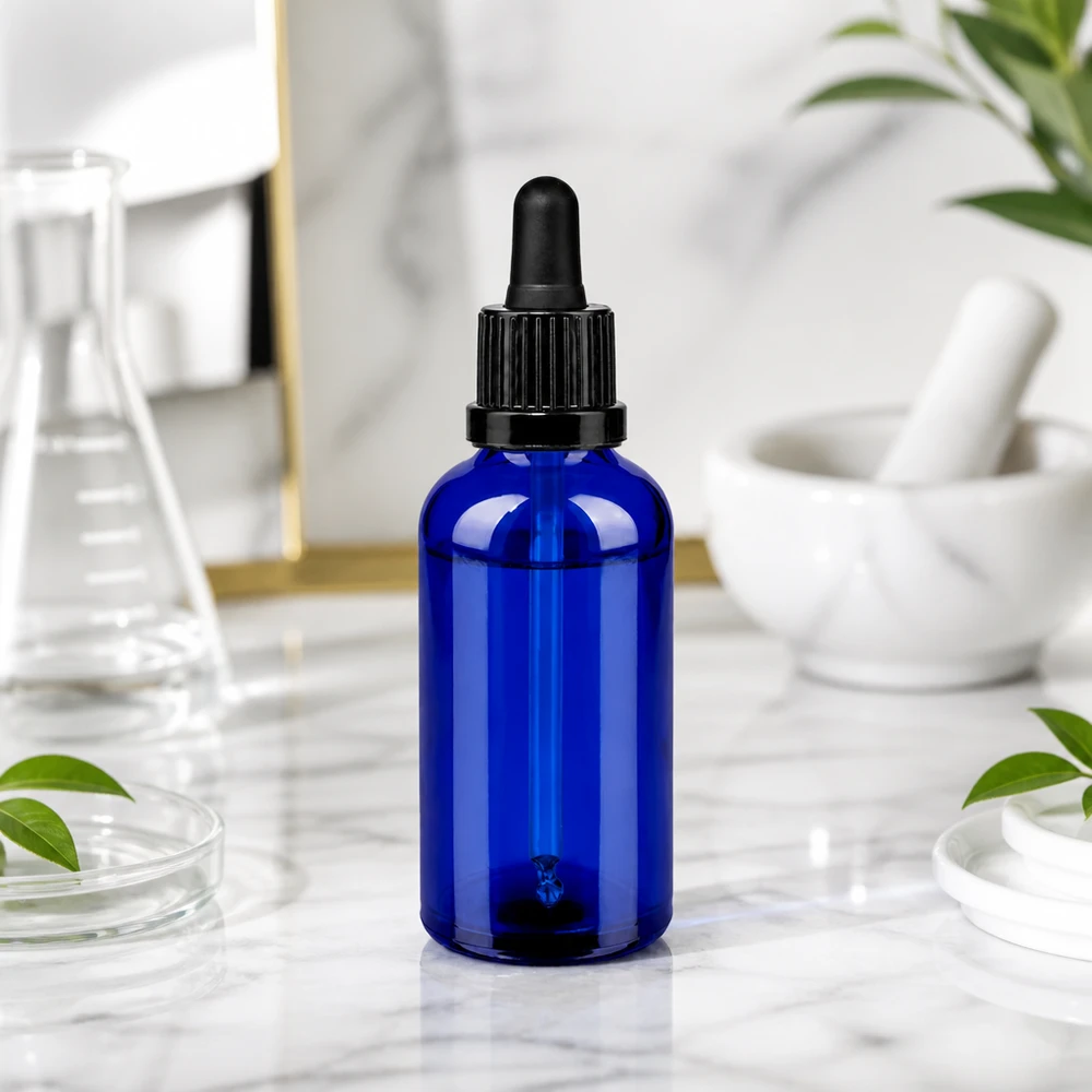 50 ml butelka do leków płynnych czarna OV BlueLine UT18/50 Wysokiej jakości butelka z pipetą o pojemności 50 ml wykonana z wytrzymałego szkła kobaltowego - idealna do substancji wrażliwych na światło