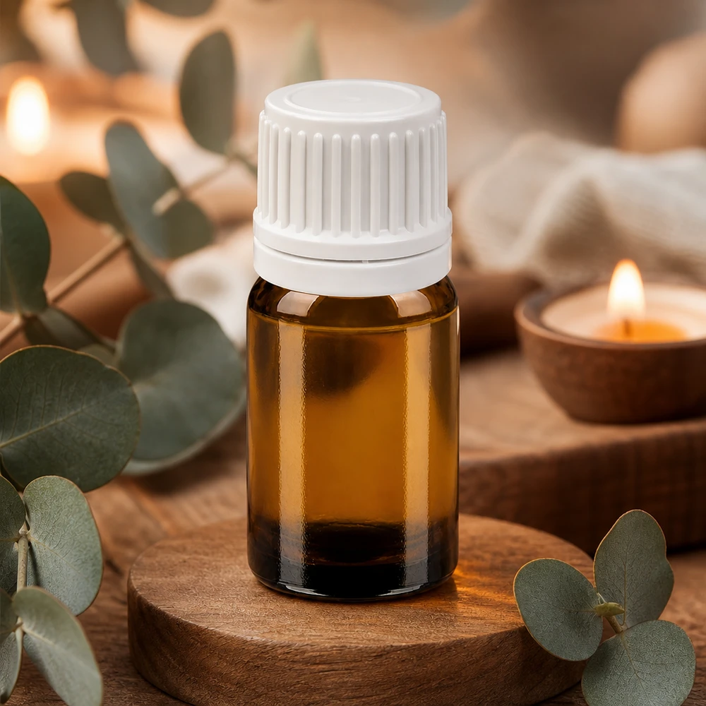Mała buteleczka z bursztynowego szkła o pojemności 5 ml z białą nakrętką do aromaterapii i olejków eterycznych