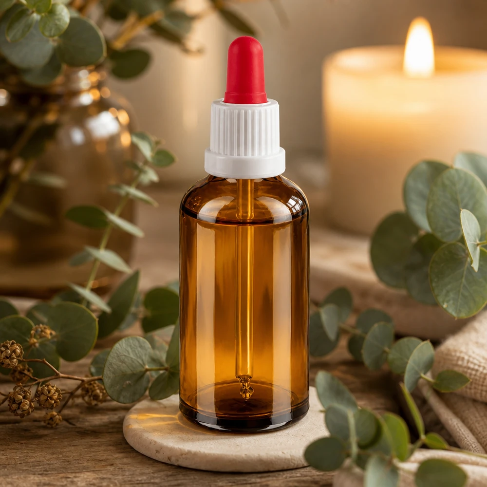50 ml butelka z pipetą, biała/czerwona OV BrownLine UT18/50 Elegancka butelka aptekarska o pojemności 50 ml wykonana z bursztynowego szkła chronionego przed promieniowaniem UV z ergonomiczną pipetą z zakraplaczem.