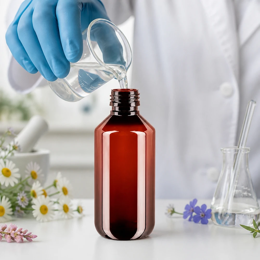 Brązowa butelka PET o pojemności 200 ml z gwintem PP28 obok laboratoryjnych kolb szklanych i kwiatów na białym stole