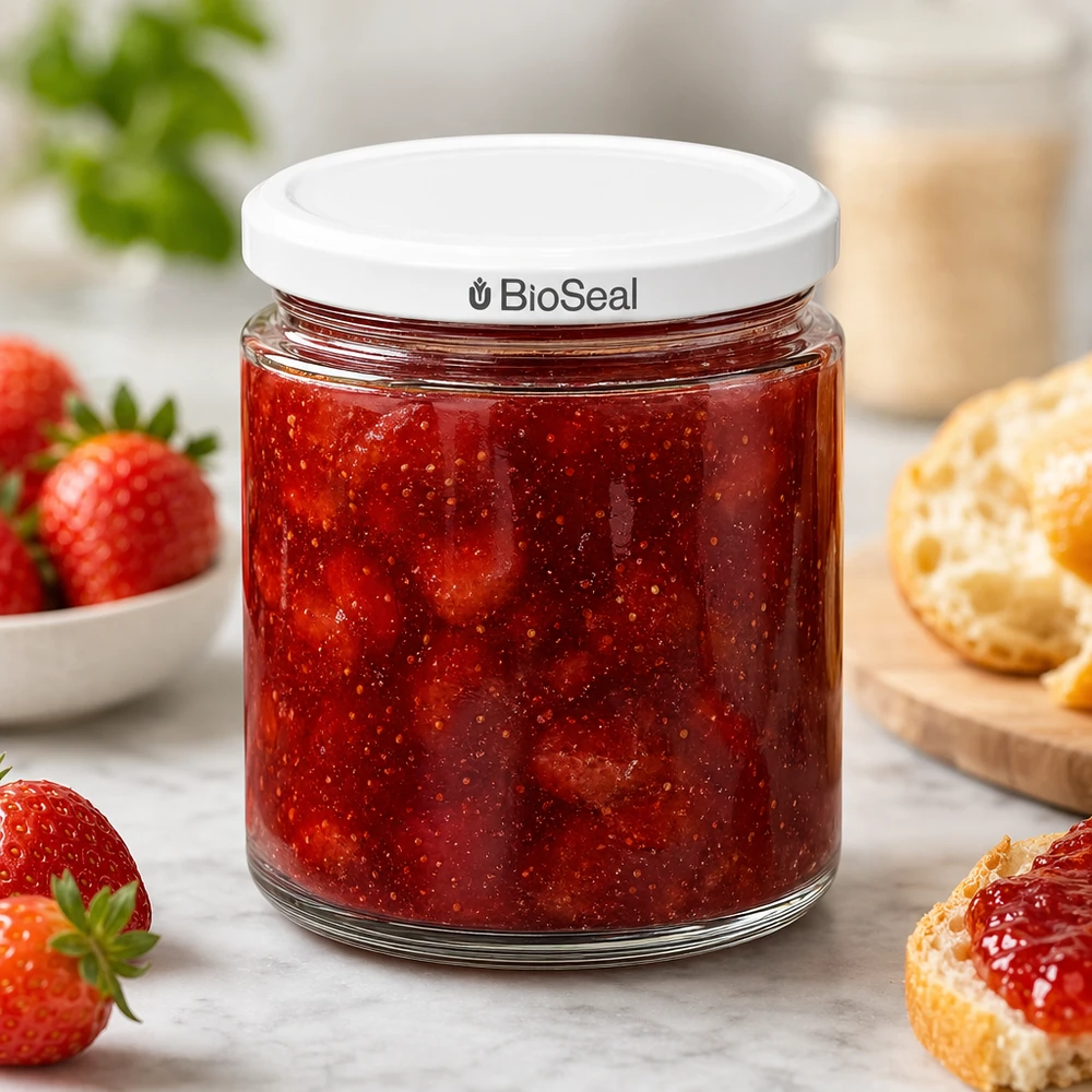 350g Honigglas + BioSeal Deckel weiß UNiTWIST 250 ml słoik miodu BioSeal UNiTWIST wypełniony domowym dżemem truskawkowym podawany ze świeżymi truskawkami i bułkami