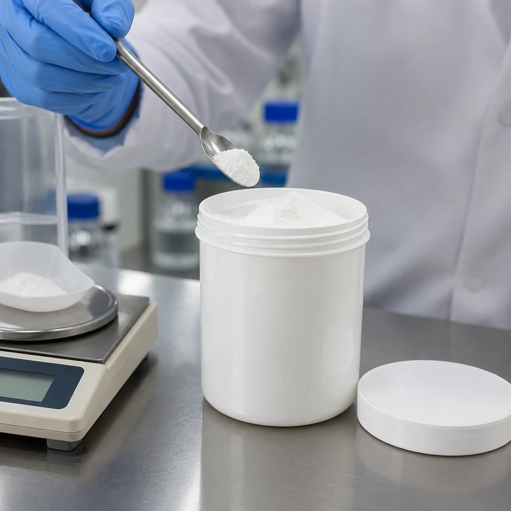 Zgodny z normami farmaceutycznymi biały słoik o pojemności 50 g, wykonany z PP, z zakręcaną pokrywką, przeznaczony do precyzyjnego odważania na wadze laboratoryjnej
