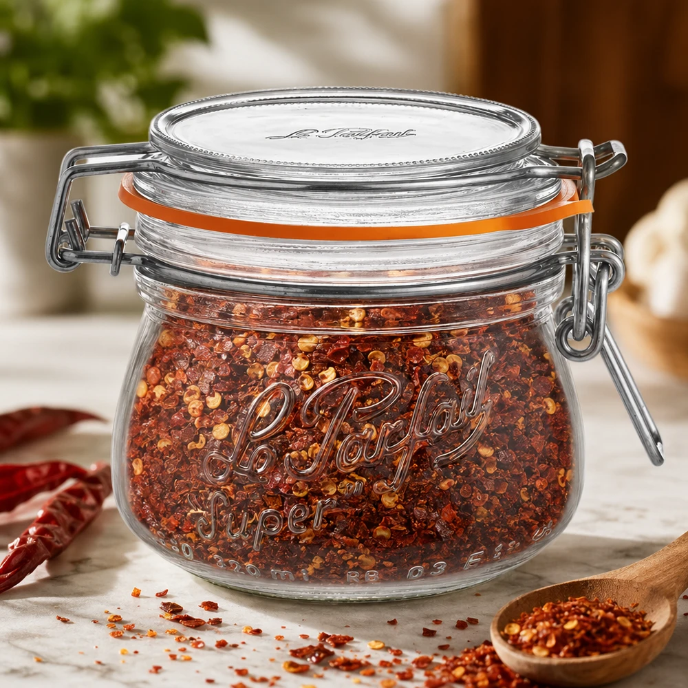 250ml Vorratsglas "Super" mit Bügelverschluss Le Parfait® Słoik do przechowywania Le Parfait o pojemności 250 ml z obrotową pokrywką wypełniony mieszanką przypraw chili na drewnianym stole