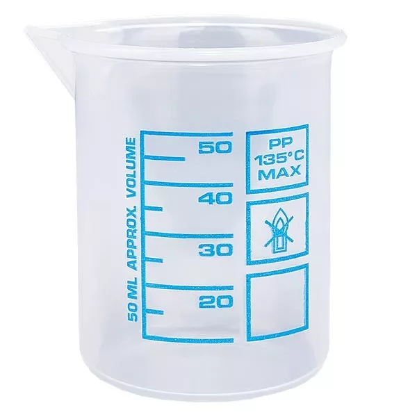 Zlewka pomiarowa 50 ml (zlewka Griffin) PP, antystatyczna, o wysokiej przezroczystości zgodnie z DIN 12.311, z krawędzią bez stopni, z nadrukowaną niebieską skalą