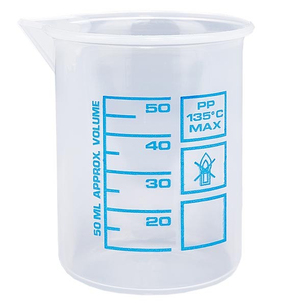 Zlewka pomiarowa 50 ml (zlewka Griffin) PP, antystatyczna, o wysokiej przezroczystości zgodnie z DIN 12.311, z krawędzią bez stopni, z nadrukowaną niebieską skalą Zlewka pomiarowa 50 ml (zlewka Griffin) PP, antystatyczna, o wysokiej przezroczystości zgodnie z DIN 12.311, z krawędzią bez stopni, z nadrukowaną niebieską skalą