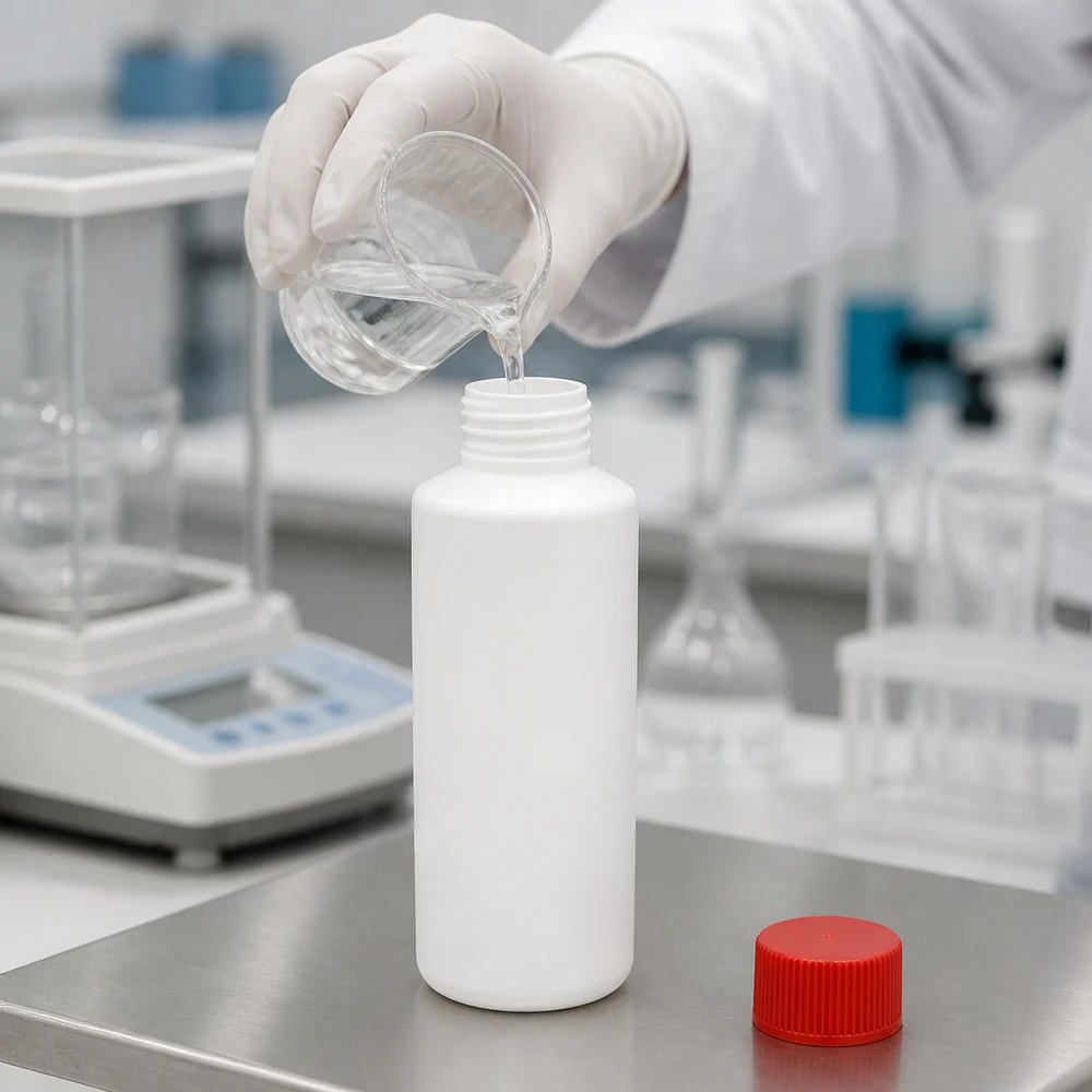Technik laboratoryjny wlewa przezroczysty płyn do białej butelki z HDPE o pojemności 100 ml z czerwoną zakrętką