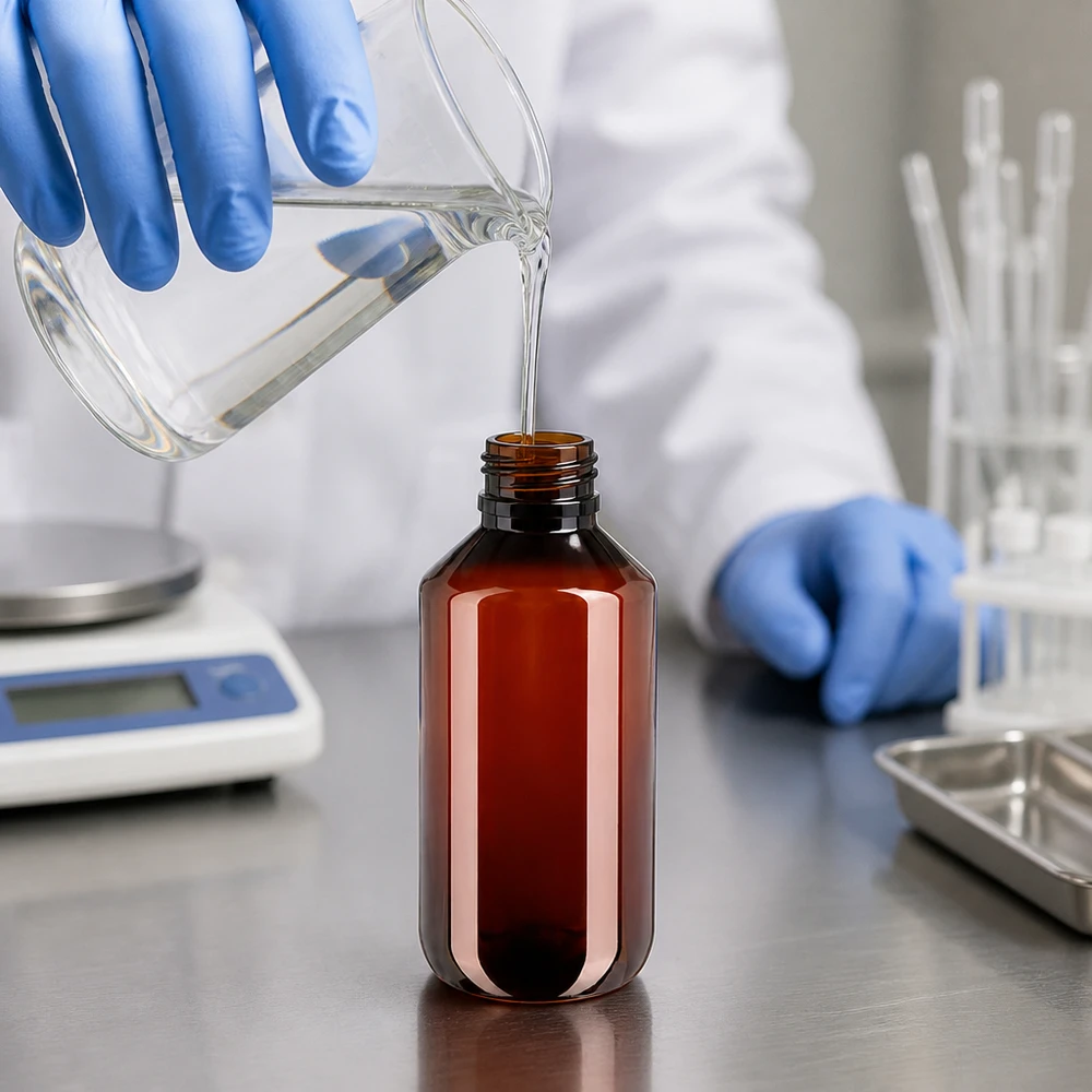 Laborant napełnia brązową butelkę PET o pojemności 200 ml z białym zamknięciem zabezpieczającym w laboratorium farmaceutycznym