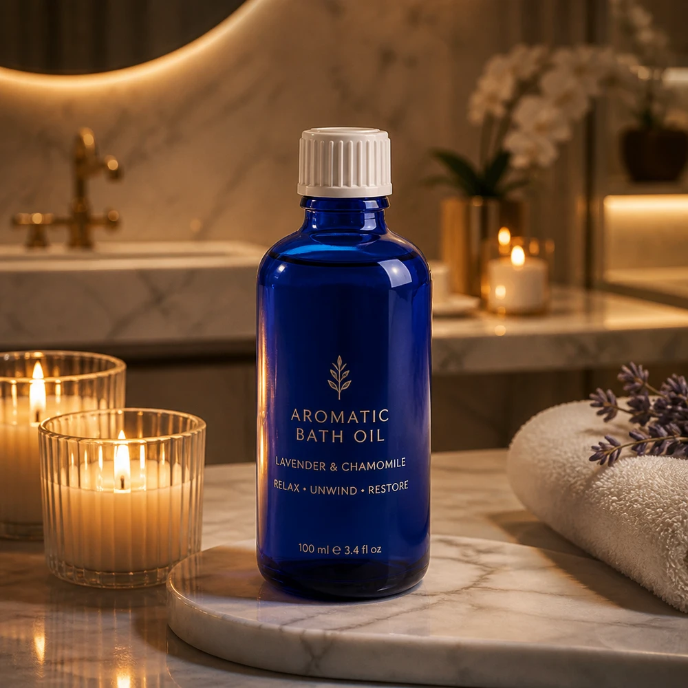 Niebieska szklana butelka o pojemności 50 ml z białą zakrętką na olejek do kąpieli o zapachu lawendy i rumianku w stylu spa
