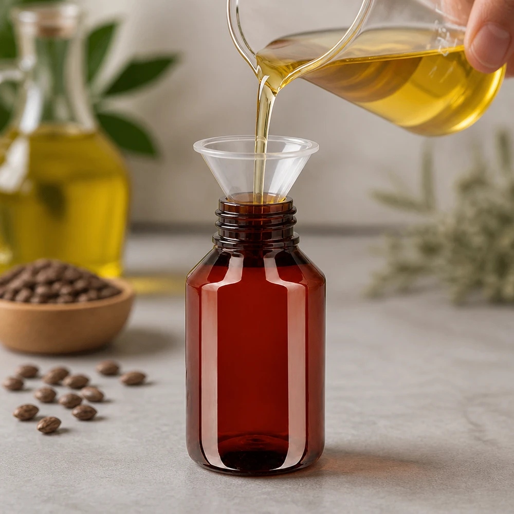 Butelka PET 50 ml z białą nakrętką typu flip-top. Olej jest nalewany przez lejek do brązowej butelki PET o pojemności 50 ml z klapką