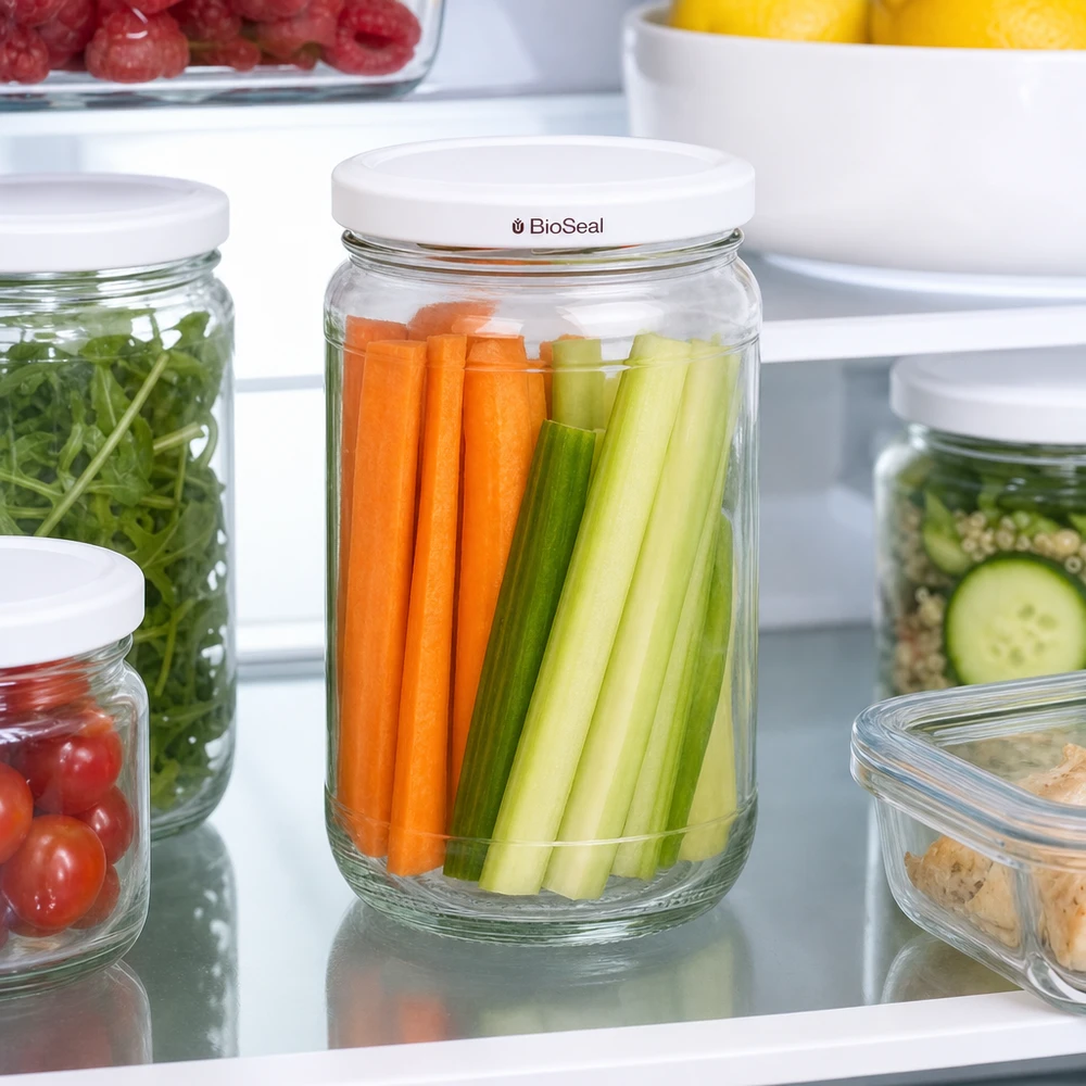UNiTWIST Runda305 z białą pokrywką TO63 BioSeal UNiTWIST Runda305 im Kühlschrank mit frischen Karottensticks und Sellerie - optimale Gemüse-Frischhaltung dank BioSeal