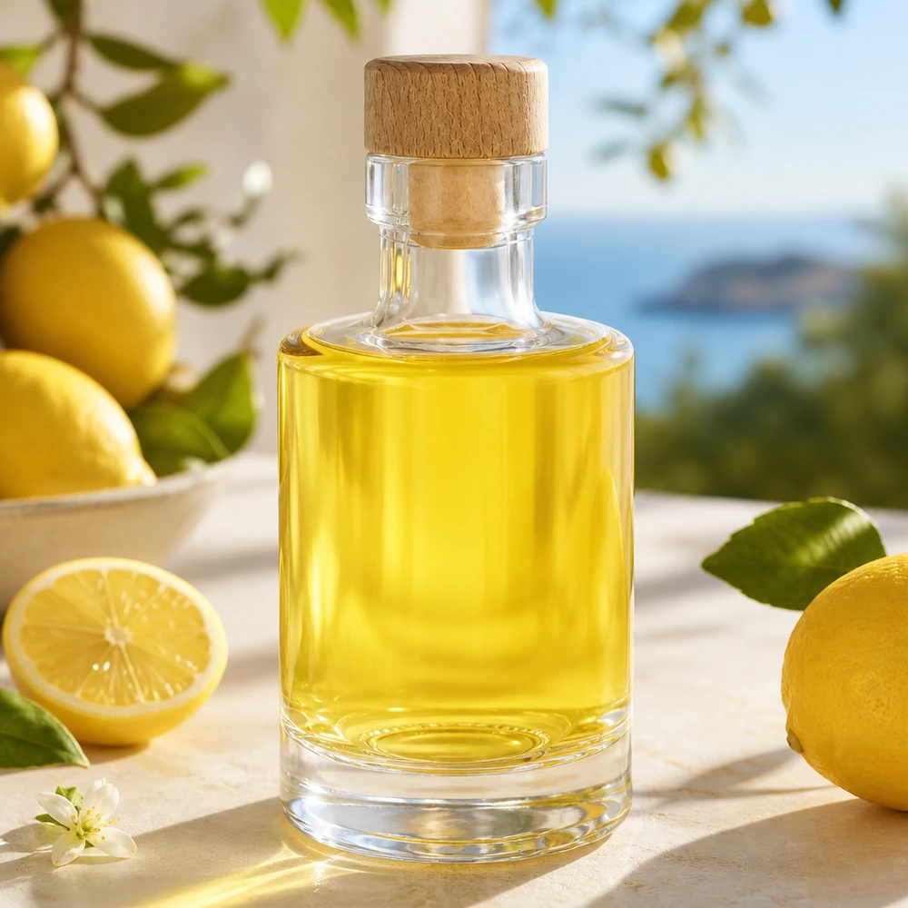 100 ml szklana butelka Marie z drewnianym korkiem wypełniona olejkiem cytrynowym w słonecznej kuchni ze świeżymi cytrynami i liśćmi cytrusów