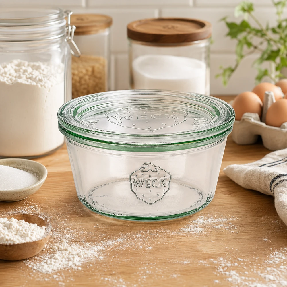 Niski słoik o pojemności 290 ml z szklaną pokrywką WECK RR100 Kubki WECK 290ml RR100 w kuchni z mąką, jajkami i słoikami do przechowywania jako akcesoria do pieczenia i rozwiązanie do przechowywania