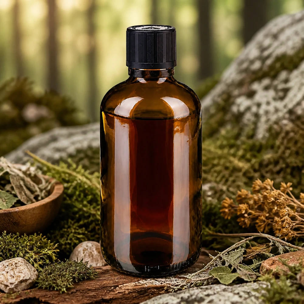 Apotfl. brown 100ml kroplówka v. Pr 1mm s. KiSi Bliw OV Butelka z kroplomierzem o pojemności 100 ml z brązowego szkła z czarnym zamknięciem zabezpieczającym, umieszczona na mchu wśród ziół leczniczych w lesie