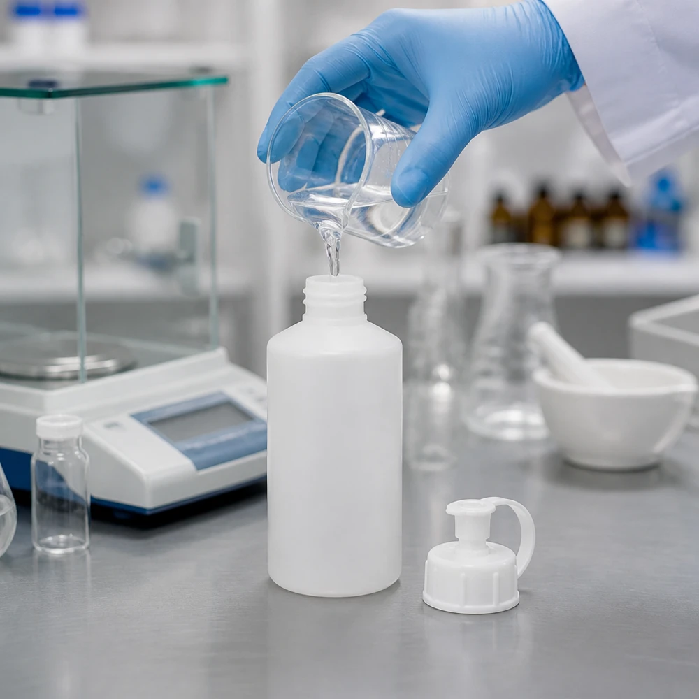Butelka apteczna HDPE 50 ml z zakrętką, z rozpylaczem Biała butelka apteczna z HDPE o pojemności 50 ml z otwartym zamknięciem strzykawkowym na blacie laboratoryjnym