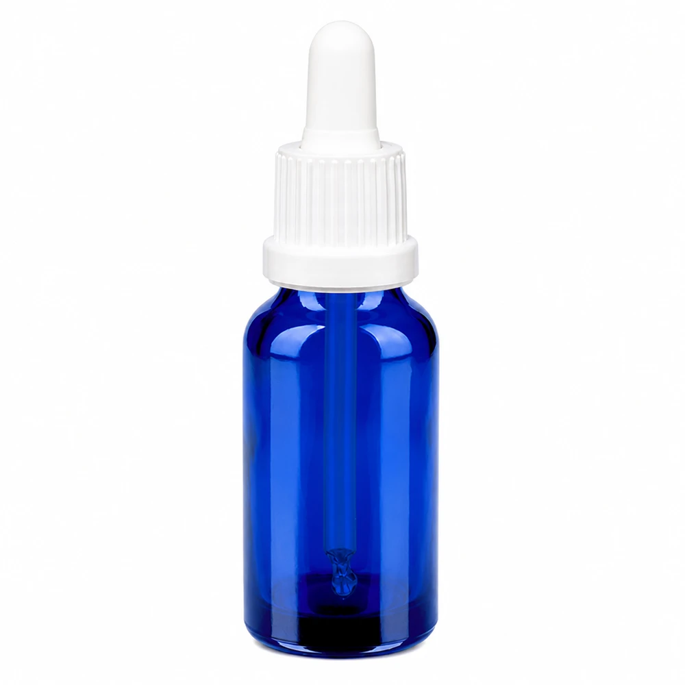 20 ml butelka z pipetą wykonana z niebieskiego szkła z białą pipetą do precyzyjnego dozowania