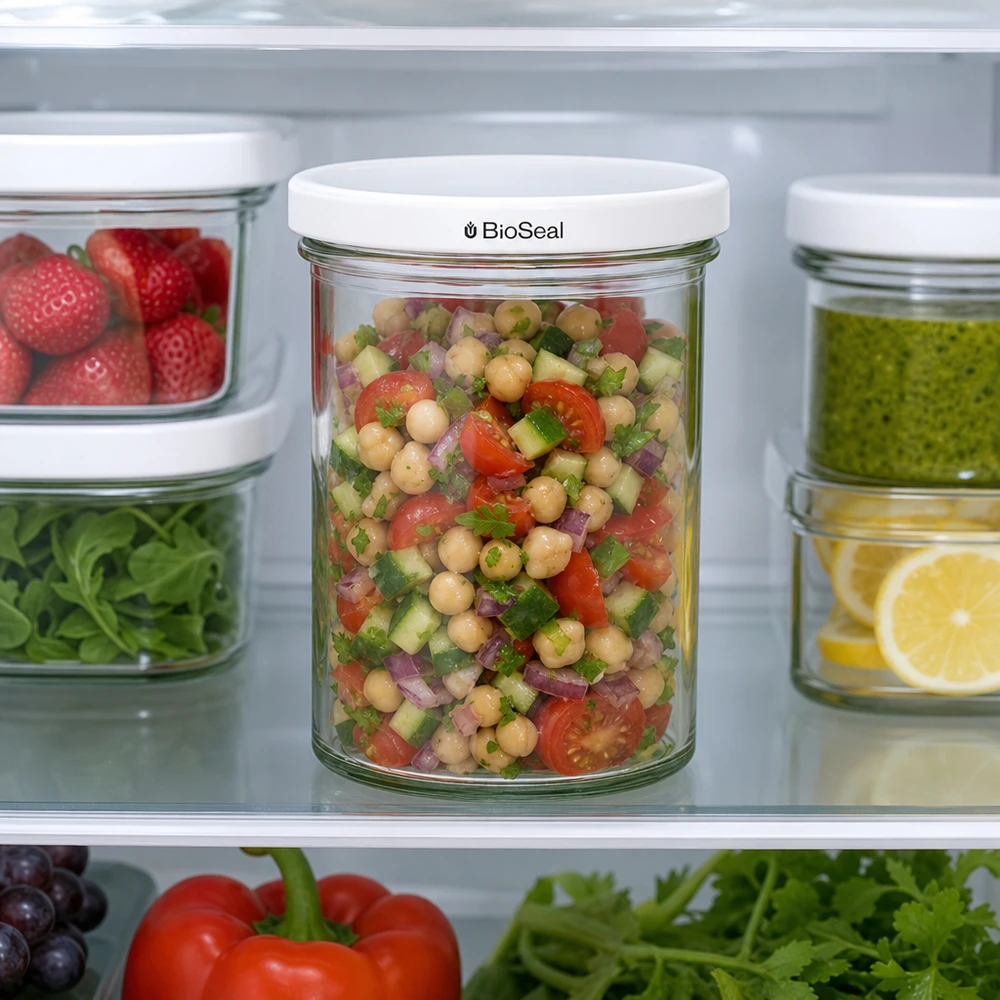 UNiTWIST lintel435 z białą pokrywą TO82 BioSeal Słoik UNiTWIST 435ml w lodówce wypełniony sałatką z ciecierzycy pokazuje praktyczne przechowywanie Meal Prep