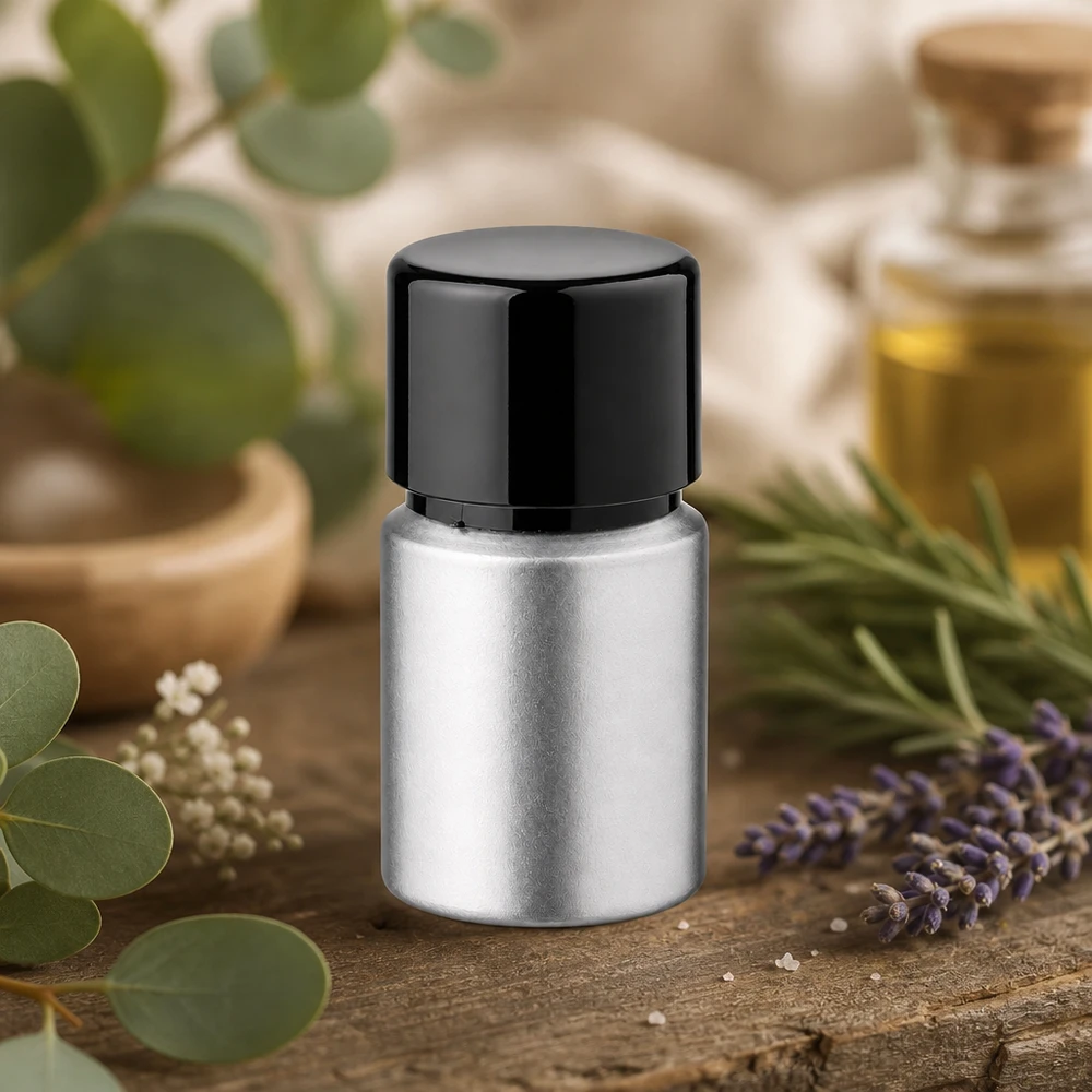 Butelka z barwionego aluminium o pojemności 10 ml z zakrętką Wysokiej jakości barwiona aluminiowa butelka o pojemności 10 ml - elegancki srebrny design z praktyczną czarną zakrętką