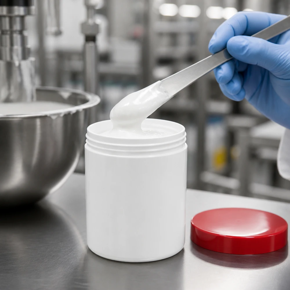 Napełnianie białego słoiczka na maść o pojemności 50 g, wykonanego z polipropylenu, za pomocą pęsety w ramach produkcji farmaceutycznej