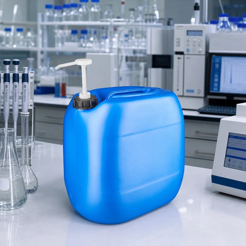 Niebieski kanister z HDPE o pojemności 30 l z dozownikiem z pompką, stojący na białym stole laboratoryjnym wśród sprzętu laboratoryjnego