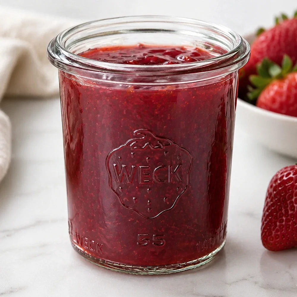 Kubki o pojemności 140 ml WECK RR60 Kubki WECK 140ml RR60 wypełnione czerwonym dżemem truskawkowym obok świeżych truskawek na białej powierzchni