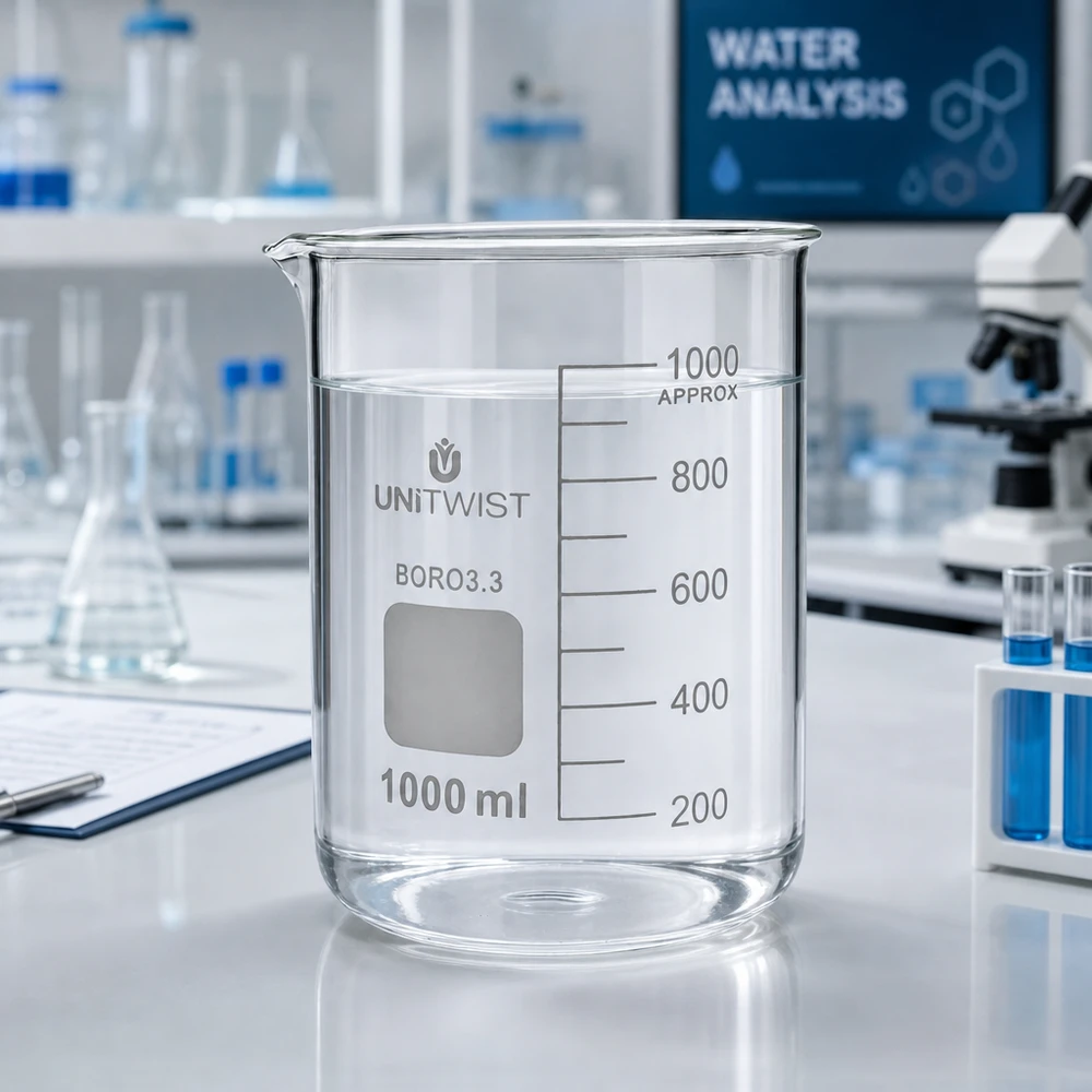 Zlewka 1000 ml borokrzemianowa, niski kształt UNiTWIST Szklanka UNiTWIST o pojemności 1000 ml, wykonana z borokrzemianu, o niskim profilu, z wodą w laboratorium analitycznym