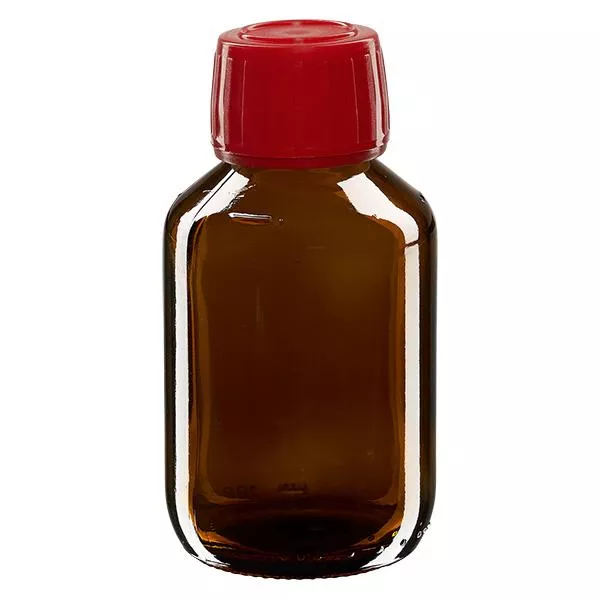 Butelka na lek 100 ml brązowa, czerwona zakrętka z pierścieniem ApoGlas. Farmaceutyczna jakość produkcji UE. Gwint 28 mm (PP28). (syrop, butelka z lekkiego szkła) Butelka na lek 100 ml brązowa, czerwona zakrętka z pierścieniem ApoGlas. Farmaceutyczna jakość produkcji UE. Gwint 28 mm (PP28). (syrop, butelka z lekkiego szkła)