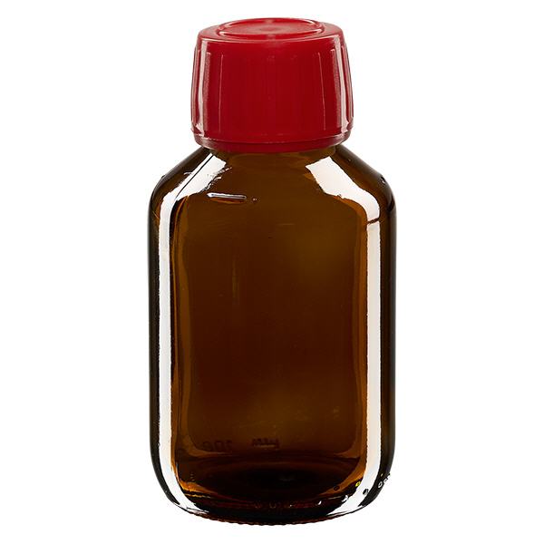 Butelka na lek 100 ml brązowa, czerwona zakrętka z pierścieniem ApoGlas. Farmaceutyczna jakość produkcji UE. Gwint 28 mm (PP28). (syrop, butelka z lekkiego szkła) Butelka na lek 100 ml brązowa, czerwona zakrętka z pierścieniem ApoGlas. Farmaceutyczna jakość produkcji UE. Gwint 28 mm (PP28). (syrop, butelka z lekkiego szkła)