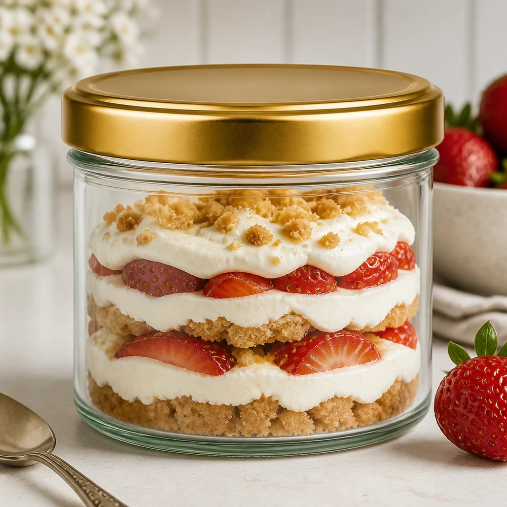 Słoik cylindryczny 230 ml z pokrywką BasicSeal złota UN.. 230ml Zylinderglas mit goldenem BasicSeal Deckel als schickes Dessertglas für geschichtetes Erdbeer-Trifle Nachtisch