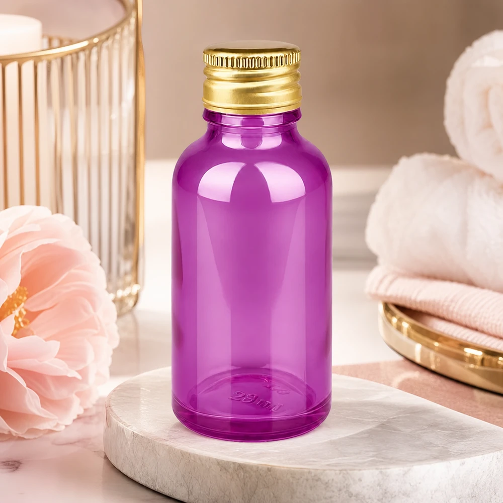 30 ml fioletowa szklana butelka ze złotą zakrętką idealna do substancji wrażliwych na światło i serum