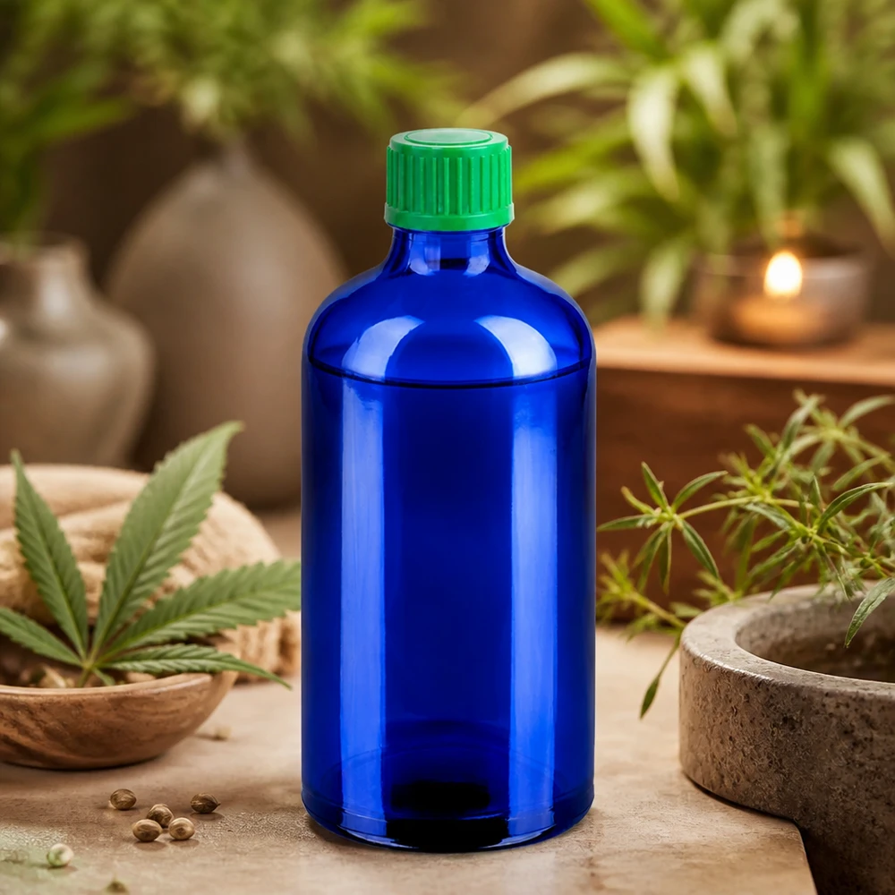 Wysokiej jakości niebieska butelka z zakraplaczem 100 ml wykonana ze szkła z przyjazną dla środowiska zieloną zakrętką do produktów naturalnych
