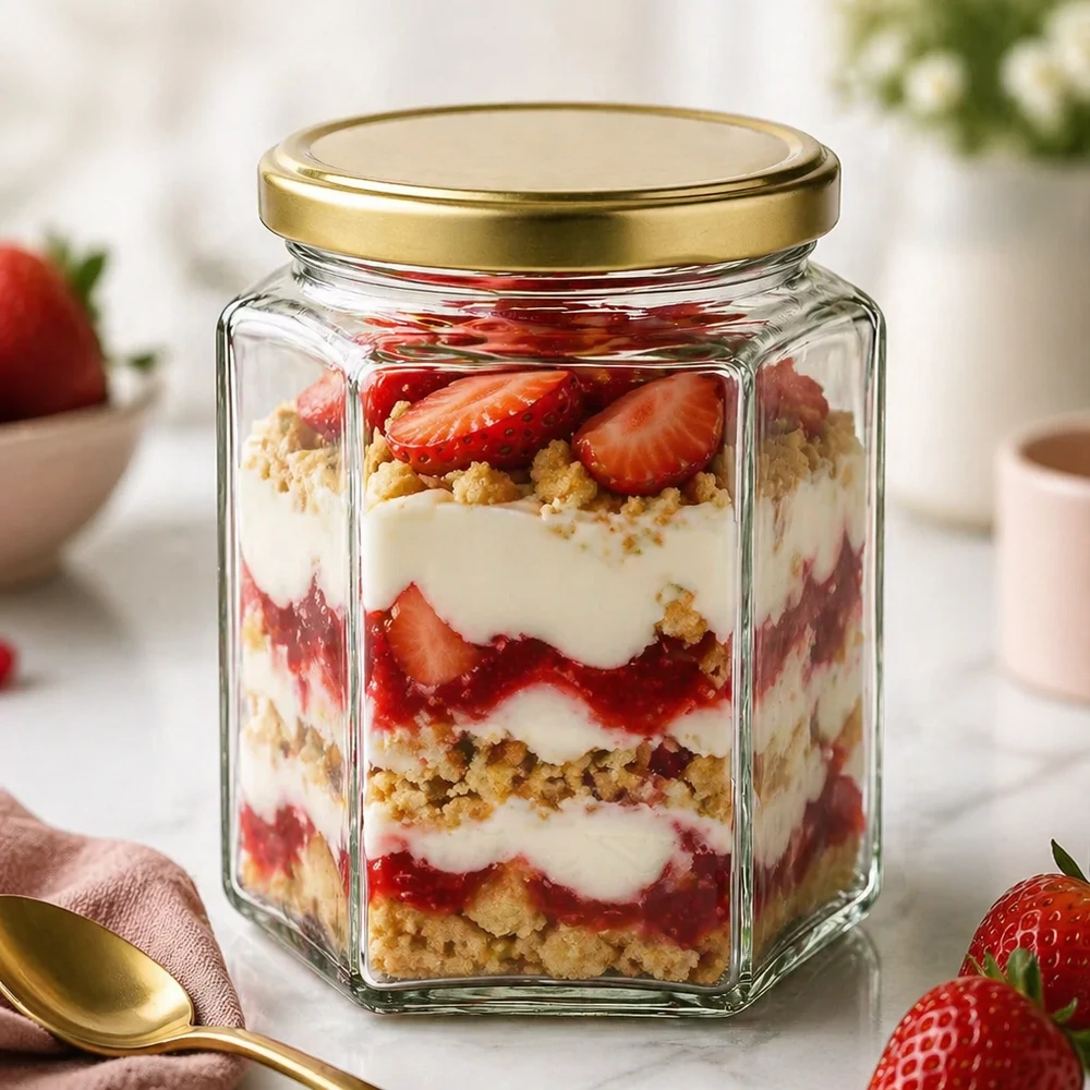 Słoik na miód 500g BasicSeal UT jako słoik deserowy na truskawkowy trifle z kremem biszkoptowym ze złotą sześciokątną pokrywką