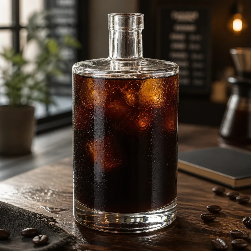 Szklana butelka Marie 700 ml bez zamknięcia UNiTWIST® 700 ml szklana butelka Marie wypełniona kawą parzoną na zimno i kostkami lodu na drewnianym stole z ziarnami kawy w kawiarni