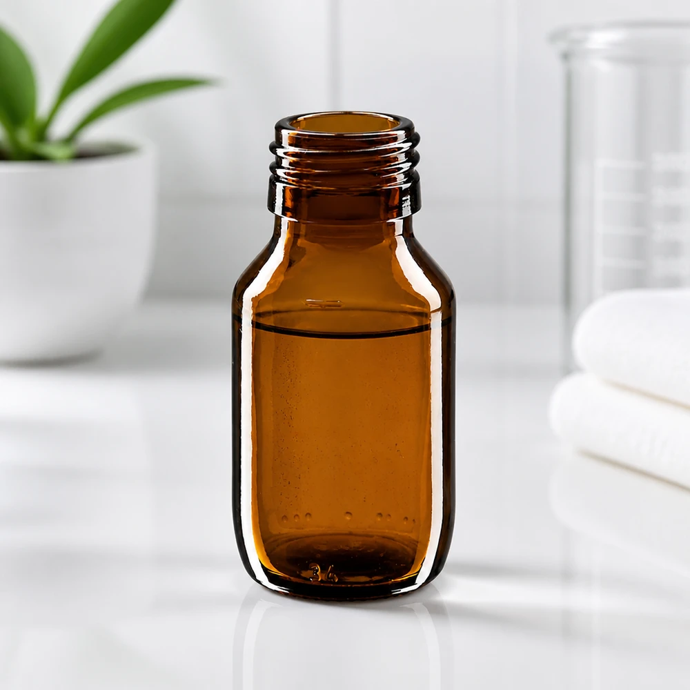 Butelka na leki 50ml brązowa, bez zakrętki PP28 ApoGlas. Farmaceutyczna jakość produkcji UE. Gwint 28 mm. (syrop, butelka z lekkiego szkła)