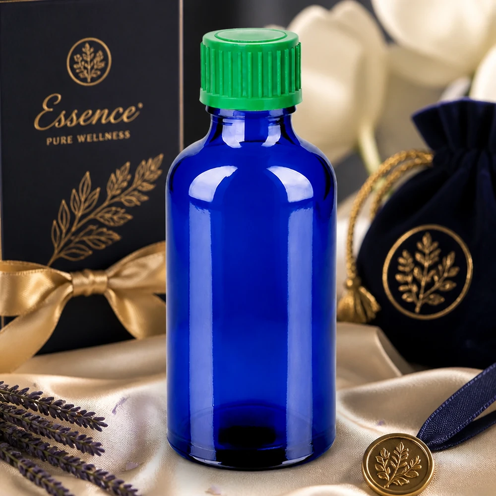Wysokiej jakości szklana butelka na kosmetyki o pojemności 50 ml w kolorze kobaltowego błękitu z zieloną zakrętką