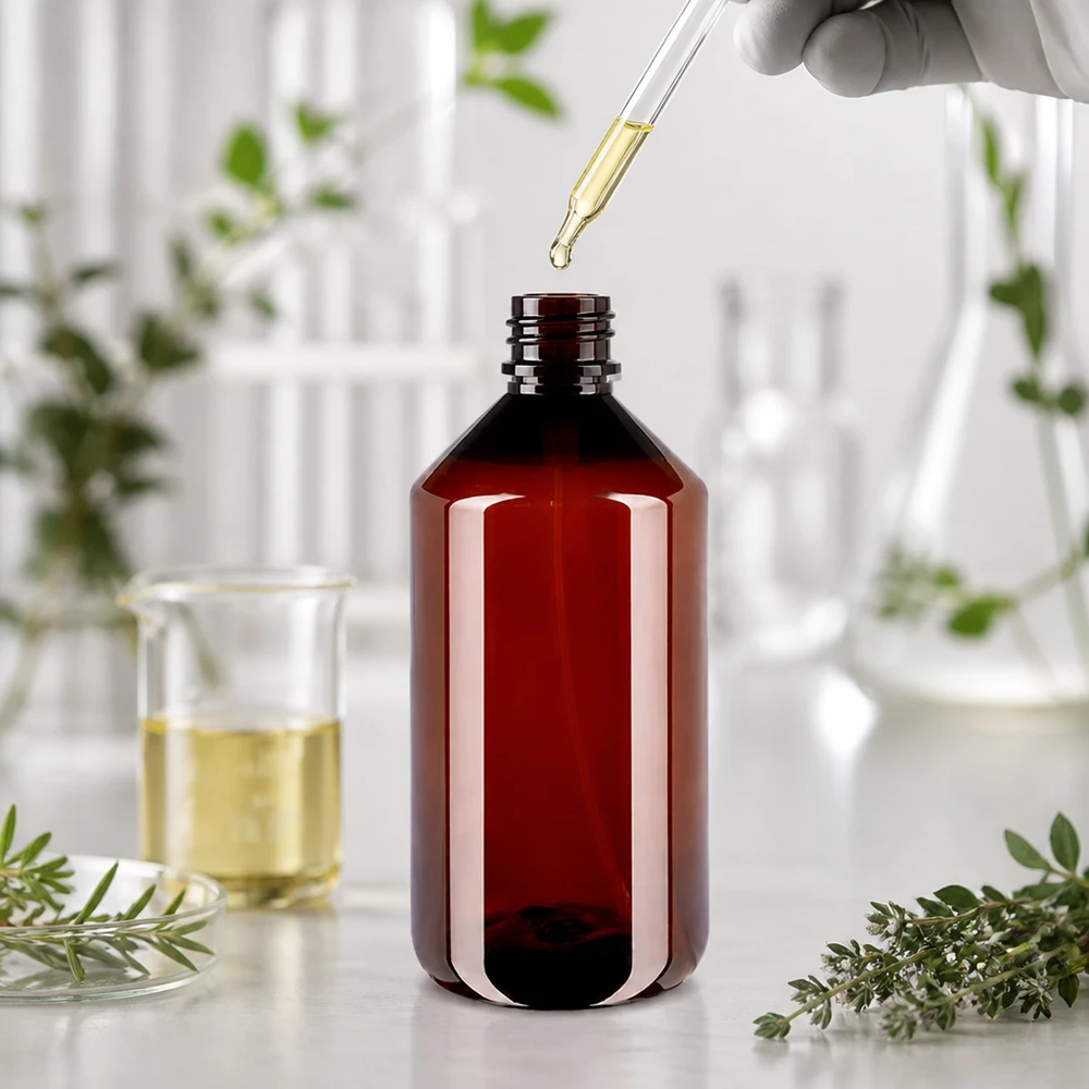 Brązowa butelka PET o pojemności 750 ml z tworzywa sztucznego z czarnym rozpylaczem do olejków eterycznych