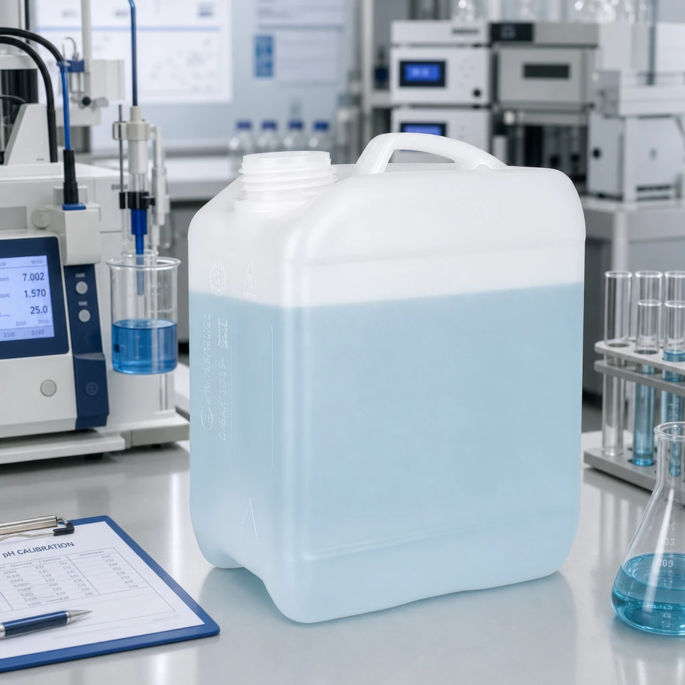 Kanister 2,5 litra bez korka Przezroczysty plastikowy kanister o pojemności 2,5 litra z jasnoniebieskim płynem w środowisku laboratoryjnym