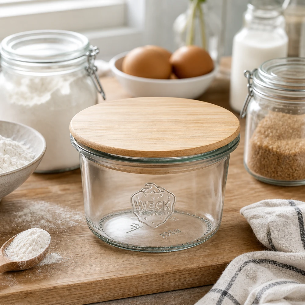 Kubki WECK 80ml RR60 z bambusową pokrywką na drewnianej desce w otoczeniu składników do pieczenia mąki, jajek i mleka w nowoczesnej kuchni